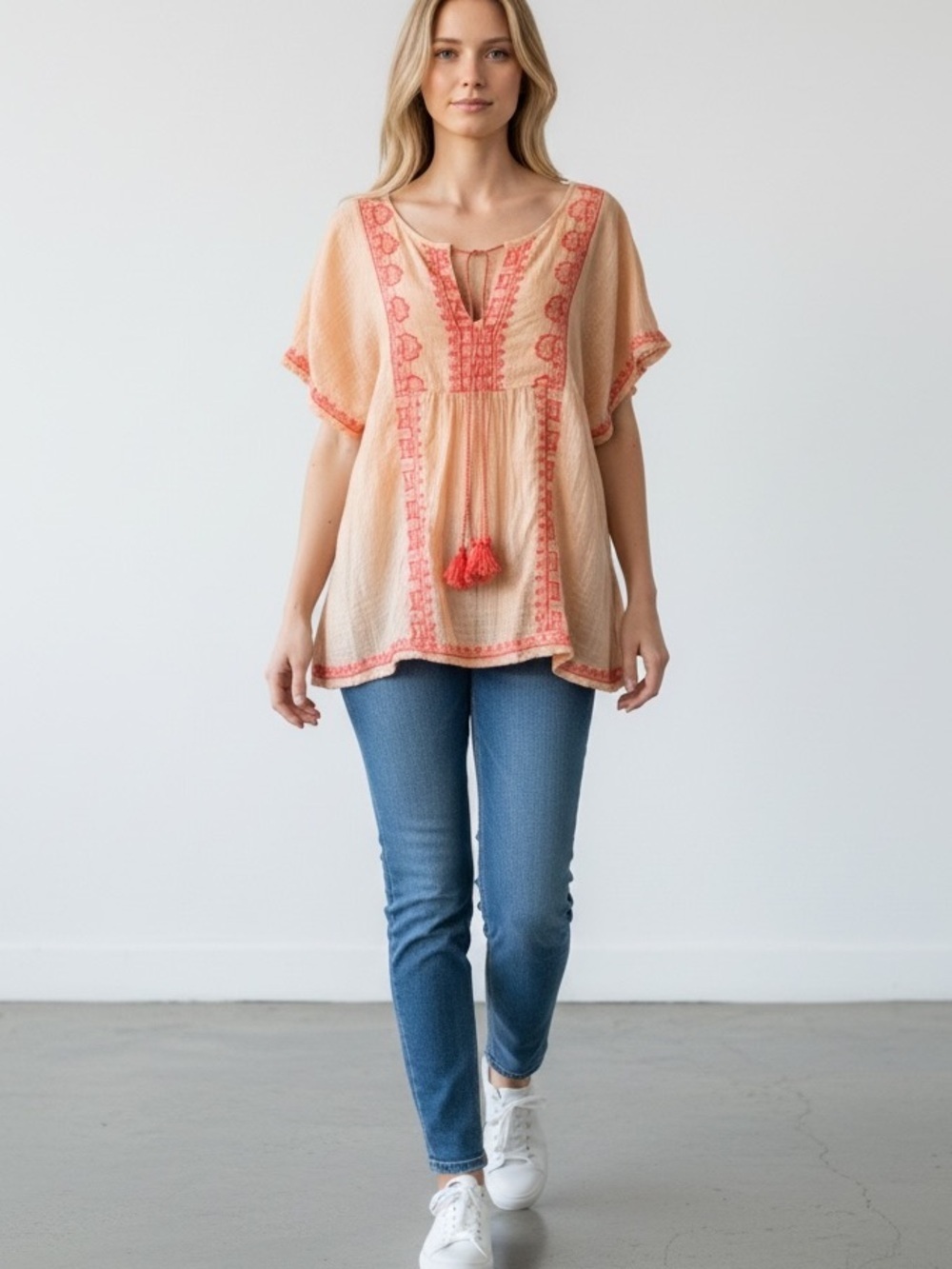 Vineyard Vines Boho Peach Embroidered Top Size Medium
